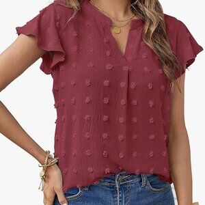 MEROKEETY Swiss Dot V-Neck Ruffle Sleeve Blouse, Size L